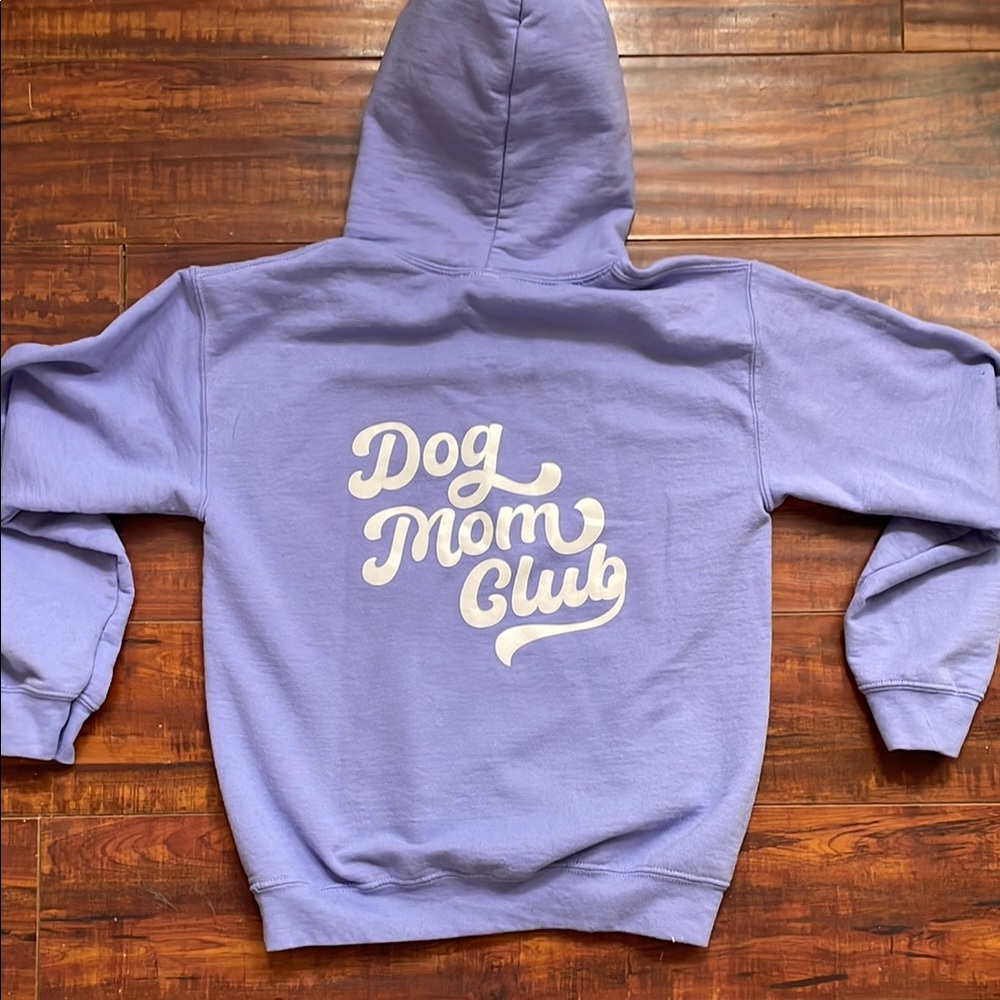 Pretty purple “Dog Mom Club” hoodie by So Fetch, size small.